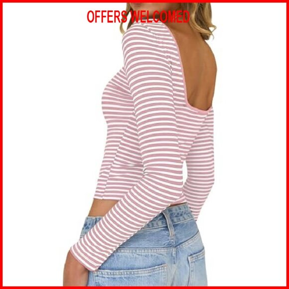 Striped Backless Crop Top Long Sleeve Blouse Y2K Boat Neck - Picture 2 of 8